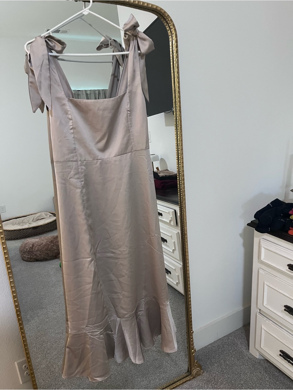 Show Me Your MuMu Satin Tie-Shoulder Midi Dress in Taupe